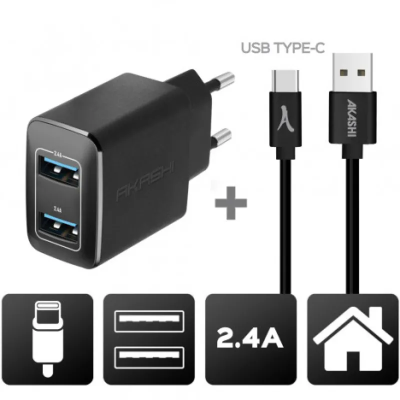 c/secteur 2usb + cable usb-c noir<AKASHI Sale